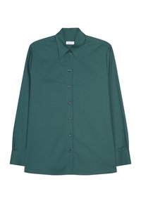 Mörkgrön, långärmad skjorta i bomull, med spetsig krage, knappstängning framtill och knäppning vid ärmsluten. Slät textur, inga mönster.