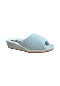 Sandalo wedge slip-on azzurro chiaro con design open toe, realizzato in materiale morbido e testurizzato e dotato di suola imbottita per il comfort.