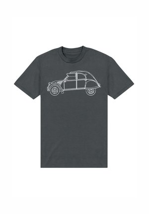Mørk grå t-shirt med en hvid stregtegning af en vintage bil, der fremhæver dens rundede form og karakteristiske tagdesign.
