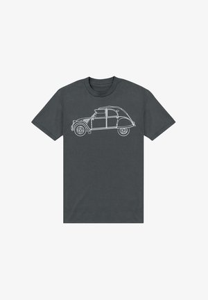 Dark gray t-shirt featuring a white line drawing of a vintage car, highlighting its rounded shape and distinct roof design.