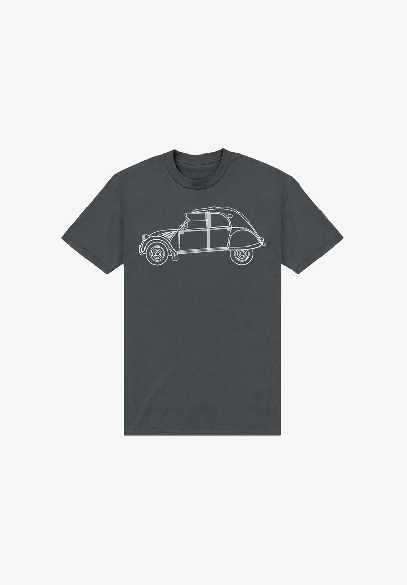 Tmavě šedé tričko s bílým liniovým potiskem vyobrazením vintage auta, které zdůrazňuje jeho zaoblený tvar a charakteristický design střechy.