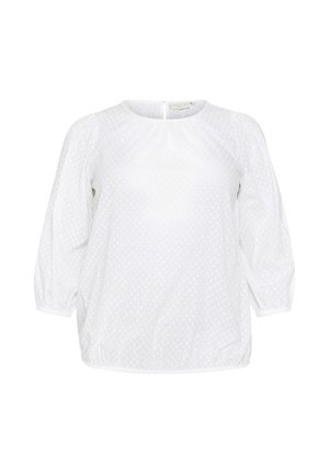 Blusa blanca con mangas abullonadas, escote redondo, patrón de puntos en relieve y puños elásticos. Cuenta con una pequeña abertura en la parte posterior.