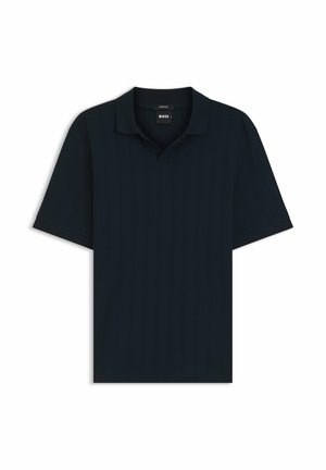 Polo noir à manches courtes avec col et étiquette BOSS au niveau du cou, posé à plat sur un fond blanc.