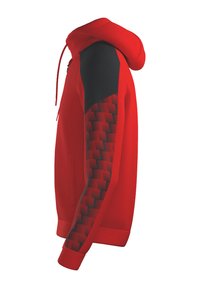Haut à capuche rouge avec un area noire sur les épaules, motif texturé sur les manches, fermeture éclair à l'avant et poches latérales. Texture de tissu lisse.