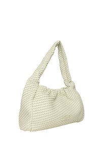 Borsa a mano in crema texture con un design morbido, realizzata in un tessuto soffice e dotata di un manico attorcigliato, caratterizzata da un sottile dettaglio del logo sul lato.