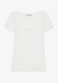 White short-sleeve t-shirt with a scoop neckline. Made from soft, smooth fabric. Minimalist design, no visible patterns or accents.