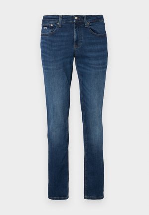 Blue denim jeans with a straight-leg cut, classic five-pocket design, and subtle fading. Features a button closure and belt loops.