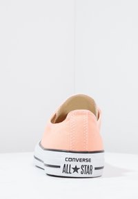 Baskets en toile pêche avec un design à tige basse, semelle en caoutchouc noire et coutures blanches. Elles présentent un logo sur le talon et un style minimaliste.