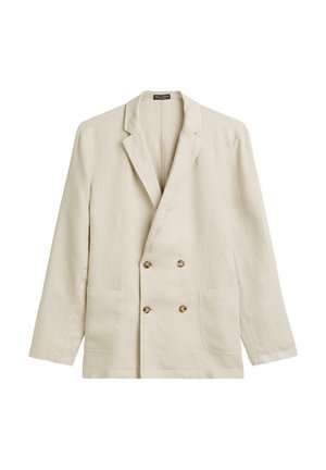Blazer beige à double boutonnage en lin texturé. Équipé de deux poches avant et de boutons marron clair. Col à revers simple.