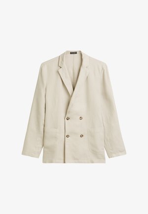 Blazer beige doppiopetto realizzato in lino testurizzato. Presenta due tasche frontali e bottoni marrone chiaro. Rever semplici con intagli.