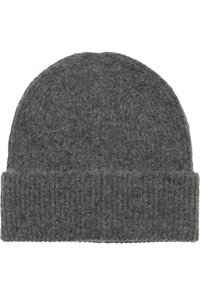 Cappello beanie in lana grigia con risvolto a costine. Texture morbida e cima arrotondata, progettato per il calore e il comfort. Nessun motivo o dettaglio visibile.