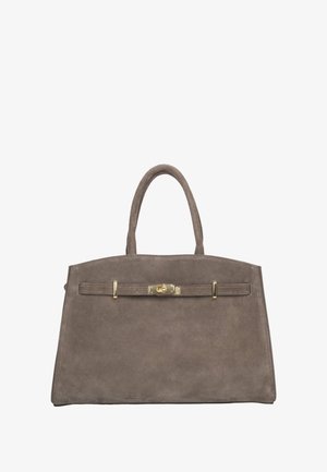 Szara zamszowa torebka o uporządkowanym kształcie, z zapięciem w kolorze złotym i dwoma solidnymi uchwytami. Gładka faktura z minimalnymi elementami ozdobnymi.