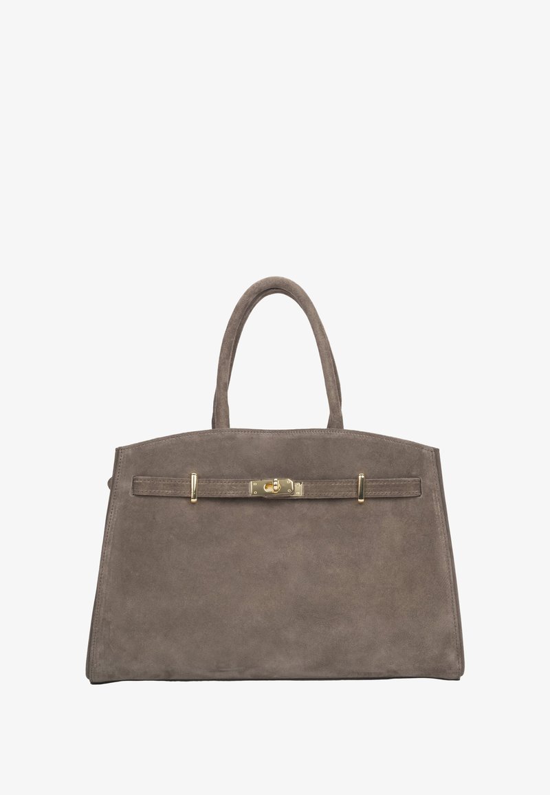 Grijze suède handtas met een gestructureerde vorm, voorzien van een goudkleurige sluiting en twee stevige handvatten. Gladde textuur met minimale metalen accenten.