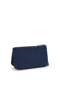 Portafoglio zip blu navy con superficie testurizzata, forma rettangolare e zip argentata. Design compatto per una sicura conservazione.