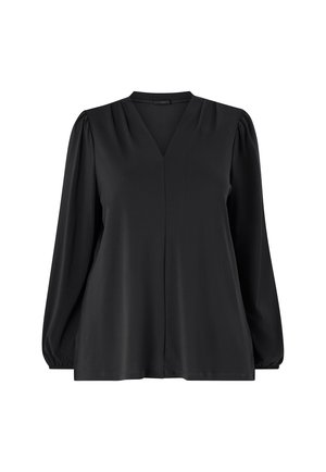 Black long-sleeve blouse with a V-neckline, pleated shoulders, and a straight hem. Smooth fabric with a soft texture. Simple design.