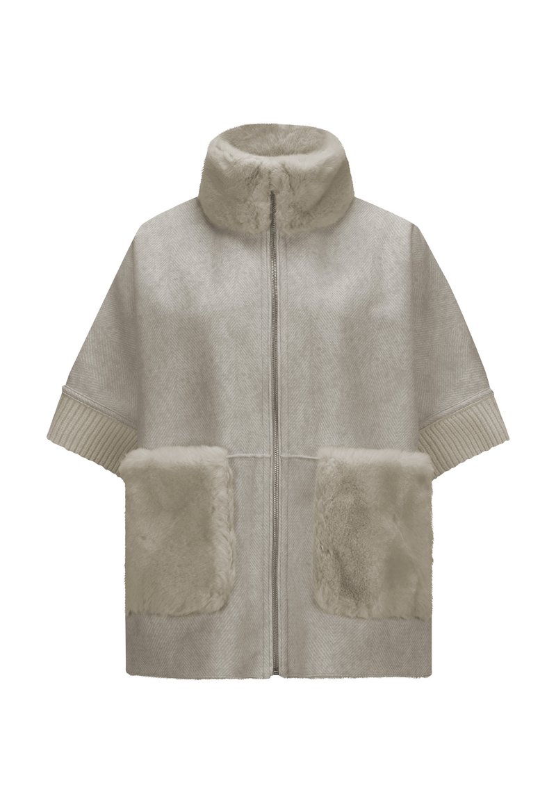 Beige übergroße Jacke mit hohem Kragen, strukturiertem Fischgrätmuster, samtigen Pelztaschen und gerippten Ärmelbündchen. Mit Reißverschluss vorne.