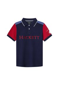 Navyblauw poloshirt met rode en blauwe accenten, twee-knopen knoopsluiting, witte bies, geborduurd "HACKETT" logo in het rood aan de voorkant.