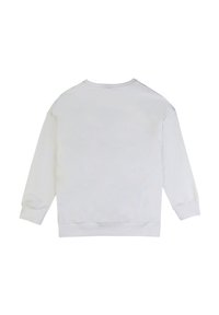 Felpa bianca con colletto rotondo, maniche lunghe e polsini a costine. Texture liscia, colore uniforme e nessun motivo o accento visibile.