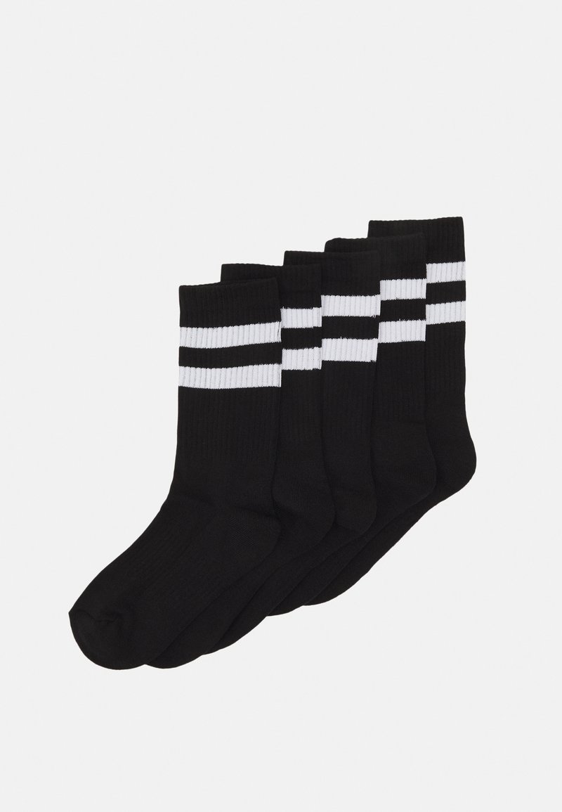 Black socks set with two white horizontal stripes near the top. Made of ribbed fabric, they feature a standard crew length.