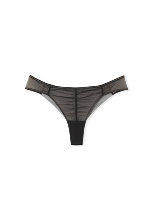 Thong noir en maille transparente avec un tissu solide à l'avant. Équipé de fines sangles élastiques et d'une couture délicate le long des bords.