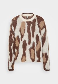 Brown and cream patterned sweater in a soft, fluffy texture, with a round neck and loose fit, featuring abstract shapes resembling animal fur.
