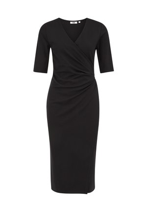 Juodas džersio suknelė su apvijimu, V formos iškirpte ir trumpomis rankovėmis. Suknelė turi susiraukšlėjusią detalę šone ir kelio ilgio apatinę dalį. Sklandi tekstūra.