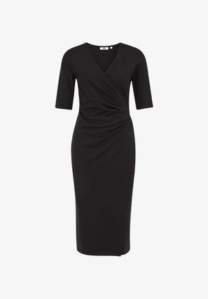 Juodas džersio suknelė su apvijimu, V formos iškirpte ir trumpomis rankovėmis. Suknelė turi susiraukšlėjusią detalę šone ir kelio ilgio apatinę dalį. Sklandi tekstūra.