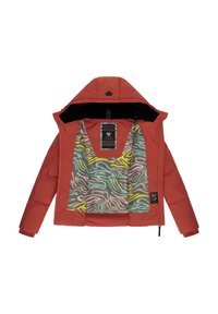 Doudoune rouge avec une capuche, présentant une doublure colorée et à motifs dans des teintes de vert, rose et marron. Fermeture éclair et étiquette de logo visibles.