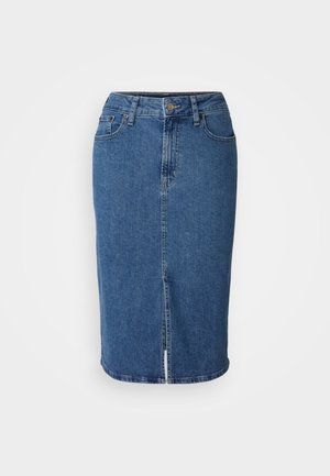 Denim skirt in medium blue, knee-length, fitted design with front slit. Features five pockets and a button closure with belt loops.