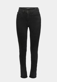Jeans de denim negro con corte ajustado, cinco bolsillos, presillas para cinturón y cierre de botón. Textura suave con un detalle y costura mínimos.
