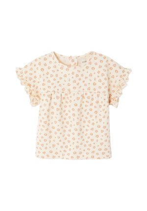Cream-colored baby shirt with peach heart print, ruffled short sleeves, round neckline, and snap closure at the back.