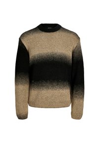 Fetter Strickpullover mit langen Ärmeln, der ein beiges und schwarzes horizontales Farbverlaufsmuster sowie gerippte Bündchen und Saum aufweist.