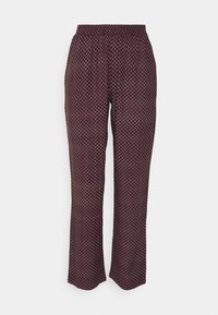 Calças com cintura elástica em roxo escuro com um padrão geométrico. Feitas de um tecido leve, apresentam pernas retas e uma textura suave.