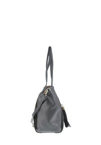 Donkergrijze leren handtas met dubbele schouderbanden en een kwastdetail, zijaanzicht op een witte achtergrond.