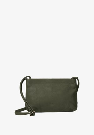 Usnjena torbica čez ramo v olivno zeleni barvi, z izrazito teksturo, nastavljivim trakom in minimalističnim dizajnom z diskretno logotipom.