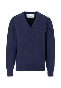 Cardigan blu navy realizzato in tessuto morbido con scollo a V, bottoni frontali e dettagli a coste su polsini e orlo. Presenta una sottile ricamo del logo.