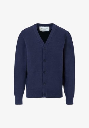 Cardigan blu navy realizzato in tessuto morbido con scollo a V, bottoni frontali e dettagli a coste su polsini e orlo. Presenta una sottile ricamo del logo.