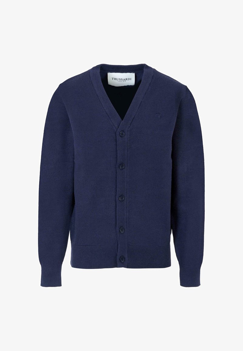 Granatowy kardigan wykonany z miękkiego materiału, z dekoltem w serek, guzikami z przodu oraz prążkowanym wykończeniem przy mankietach i dolnym brzegu. Zawiera subtelne haftowane logo.