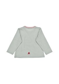 Langärmliges Hemd in hellgrau mit weißen Streifen, runder rosa Ausschnitt, mit einer kleinen Pilzapplikation in der Nähe des Saums.