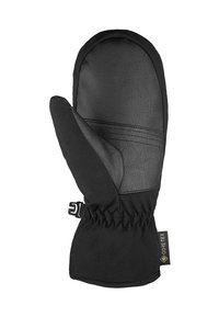Black mitten made of leather and fabric, featuring a cinched wrist, smooth texture, and reinforced stitching for durability. Gore-Tex tag visible.