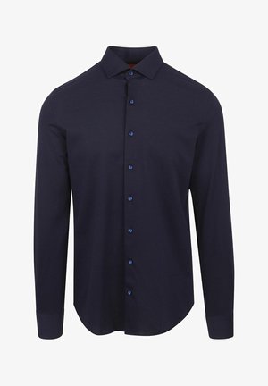 Dunkel marineblaues Hemd mit langen Ärmeln, spitzem Kragen und blauen Knöpfen auf der Vorderseite.