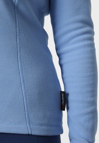 Polarowy pulower w jasnoniebieskim kolorze z płaskimi szwami. Posiada metkę Polartec z boku. Gładka faktura, długie rękawy i dopasowany krój.