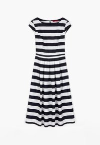 Schwarz-weiß gestreiftes Midikleid mit kurzen Ärmeln, tailliertem Bund und plissiertem Rock, ausgestattet mit einem dezenten Reißverschlussverschluss auf der Rückseite.