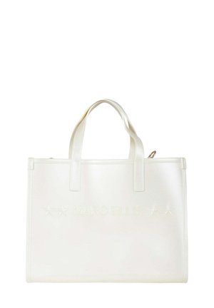 Borsa a mano bianca realizzata in materiale liscio, con scritta in rilievo "MARC ELLIS" e motivi a stella sulla parte anteriore. Doppie maniglie per il trasporto.