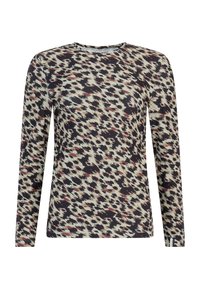 Top de manga larga con un patrón abstracto de leopardo en negro, crema y burdeos, confeccionado en una tela elástica y con un cuello redondo.
