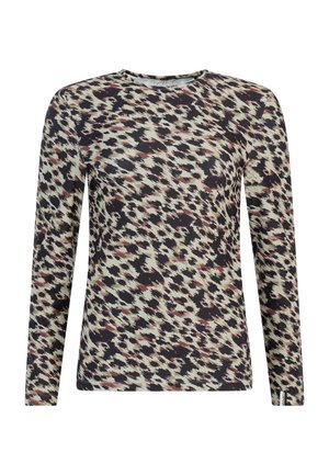 Ilgų rankovių marškinėliai su juodu, grietinėlės ir bordo abstrakčiu leopardų raštu, pagaminti iš tamprios medžiagos, su apvalia iškirpte.