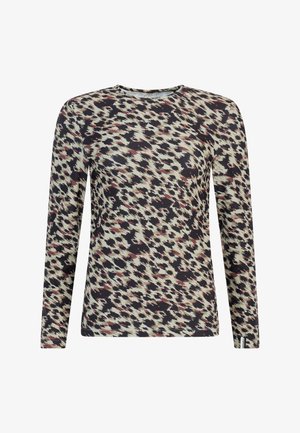 Ilgų rankovių marškinėliai su juodu, grietinėlės ir bordo abstrakčiu leopardų raštu, pagaminti iš tamprios medžiagos, su apvalia iškirpte.