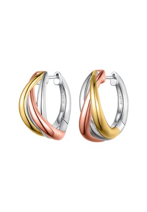 Hoop earrings with intertwined bands in gold, rose gold, and silver, featuring a hinged closure and smooth polished finish.