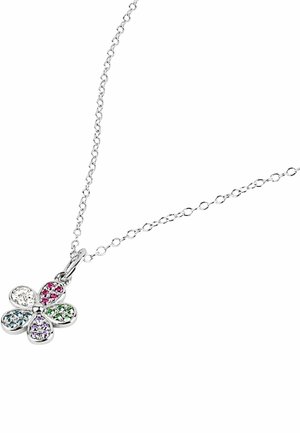 Collar de cadena de plata con un colgante en forma de flor con cinco pétalos, cada uno adornado con gemas de diferentes colores.