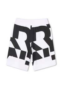 Shorts noir et blanc en matériau doux, ornés d'un motif graphique audacieux en grandes lettres, avec une taille élastique et des ourlets retroussés.